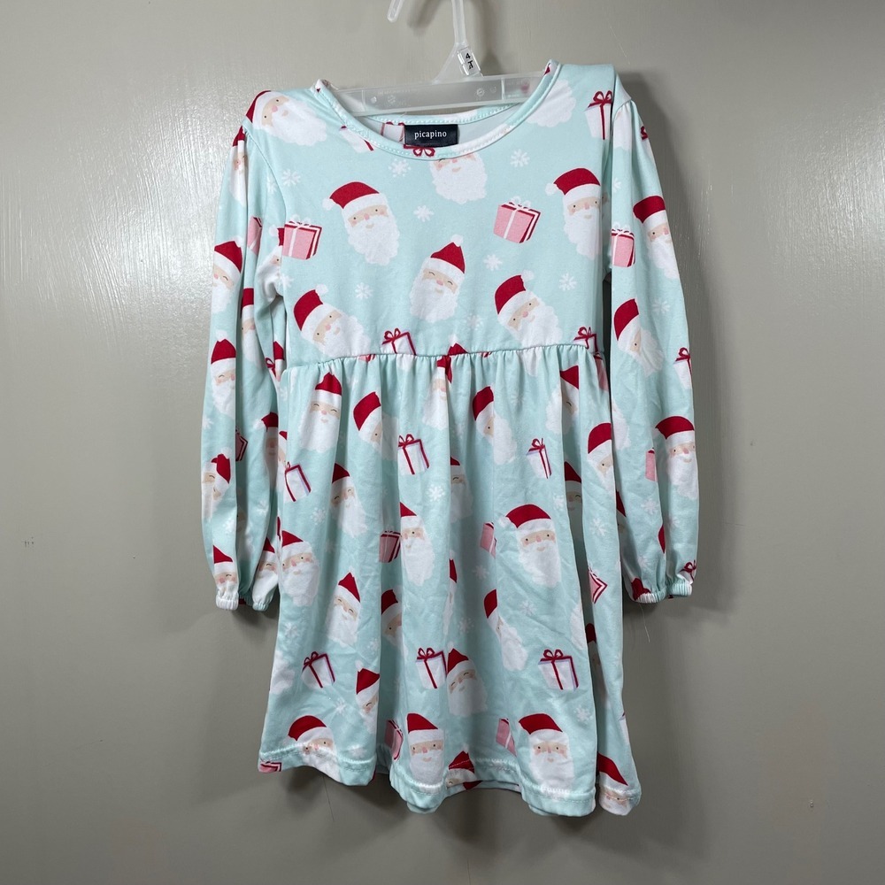 Picapino Kids Santa Claus Print Christmas Dress Mint Green Long Sleeve 4T